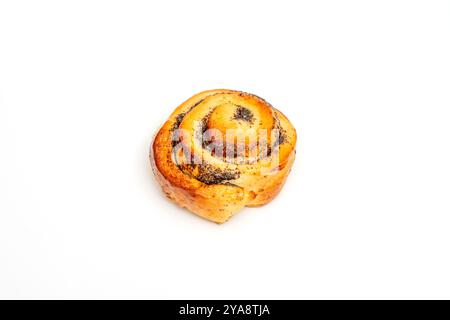 Pain à la cannelle garni de graines de pavot. Le rouleau est rond et a une croûte légèrement brunie. Banque D'Images