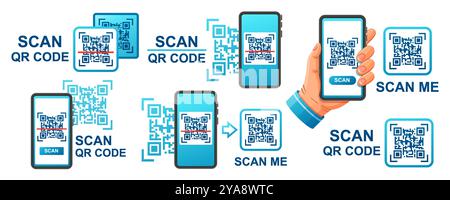 Scannez le code QR avec le smartphone, l'application de téléphone mobile de scanner de code à barres électronique, le lecteur de code à barres laser en ligne sur l'ensemble d'icônes d'écran de l'appareil numérique du téléphone Illustration de Vecteur