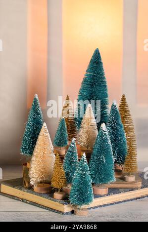 Petites décorations d'arbre de Noël en forme de brosse à bouteille sur les livres Banque D'Images