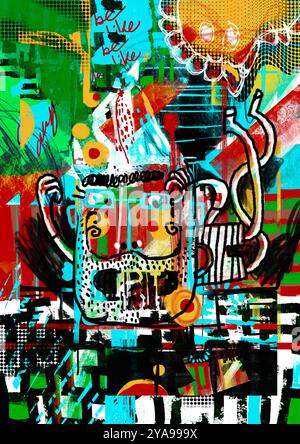 Affiche grungy d'un mec barbu cool. Peinture avec fond de graffiti abstrait Banque D'Images