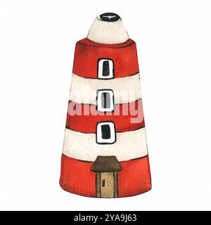 Joli phare rouge de dessin animé isolé. Illustration stylisée d'enfants à l'aquarelle dessinée à la main. Vieux phare de la mer dans le style scandinave, pourrait être Illustration de Vecteur