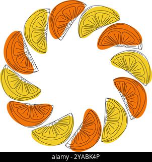 Tranches de contour dessinées à la main orange et citron avec des taches abstraites jaunes et orange bordure de cadre rond. Copier l'espace. Illustration vectorielle isolée toile de fond de promo Web, affiche de cartes, bannière, étiquette ou dépliant Illustration de Vecteur