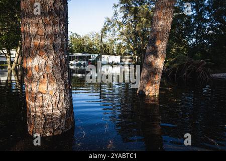 Dade City, Floride, États-Unis. 12 octobre 2024. Inondation jusqu'à la clôture dans la section arrière de la coopérative du Sawmill Camping Resort en raison des impacts de l'ouragan Milton. (Crédit image : © Dave Decker/ZUMA Press Wire) USAGE ÉDITORIAL SEULEMENT! Non destiné à UN USAGE commercial ! Banque D'Images