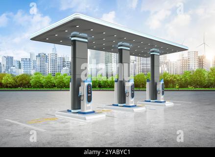 3d groupe de rendu de stations de recharge ev ou de stations de recharge de véhicules électriques avec toit Banque D'Images