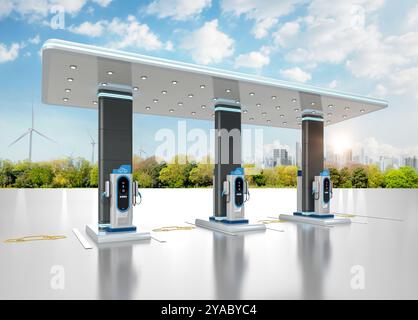 3d groupe de rendu de stations de recharge ev ou de stations de recharge de véhicules électriques avec toit Banque D'Images