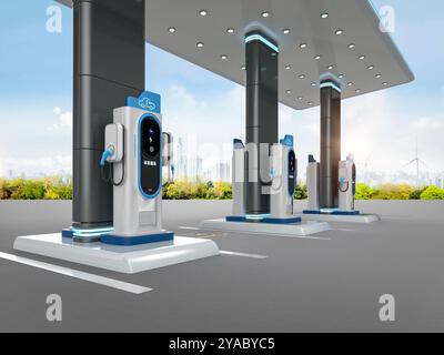 3d groupe de rendu de stations de recharge ev ou de stations de recharge de véhicules électriques avec toit Banque D'Images