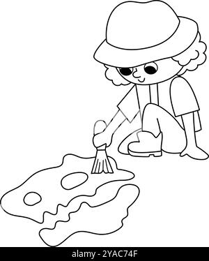 Icône de paléontologue noir et blanc vectoriel. Clipart de ligne de fille d'archéologue de dessin animé dans le chapeau nettoyant les os de dinosaure. Fouilles ou fouilles historiques de dinosaures Illustration de Vecteur