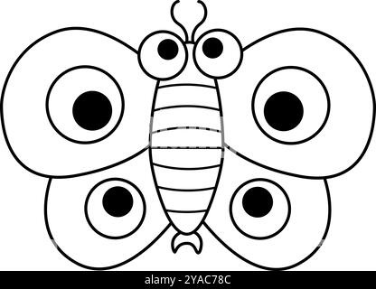 Papillon de dessin animé noir et blanc vecteur. Insecte préhistorique drôle. Coloriage d'insecte des bois ou de coléoptère. Illustration mignonne de forêt pour les enfants. Tropical Illustration de Vecteur