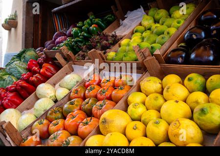 Une variété de fruits et légumes sont exposés dans un marché. Le produit comprend des tomates, des citrons et des oranges Banque D'Images