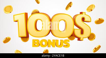 bonus de 100 dollars avec podium et chute de pièces d'or. Cashback ou concept de prix. Illustration vectorielle Illustration de Vecteur