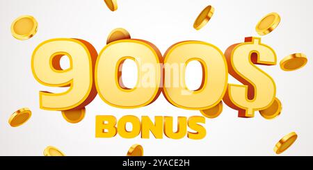 bonus de 900 dollars avec podium et chute de pièces d'or. Cashback ou concept de prix. Illustration vectorielle Illustration de Vecteur