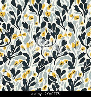 Motif imprimé fleuri sauvage moderne en tissu imprimé avec textures de tissu en lin. Fleurs sombres boho dessinées à la main stylisées pour les éléments de design décoratifs Banque D'Images