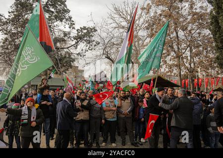 Gaziantep, Turkiye. 31 décembre 2023. Une foule se réunit à Gaziantep pour soutenir les Palestiniens et pour s’opposer aux attaques continues d’Israël contre la bande de Gaza. Les participants ont agité le drapeau palestinien à côté du drapeau turc, tout en commémorant les personnes tuées lors des récentes attaques dans le nord de l'Irak Banque D'Images