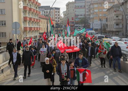 Gaziantep, Turkiye. 31 décembre 2023. Une foule se réunit à Gaziantep pour soutenir les Palestiniens et pour s’opposer aux attaques continues d’Israël contre la bande de Gaza. Les participants ont agité le drapeau palestinien à côté du drapeau turc, tout en commémorant les personnes tuées lors des récentes attaques dans le nord de l'Irak Banque D'Images