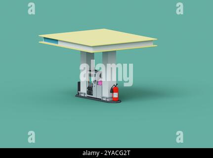 Station-service en libre-service avec plusieurs options de carburant, point de vente et toit. Illustration 3D, vue en angle élevé. Banque D'Images