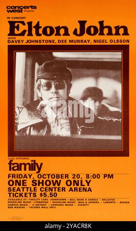 Elton John 1972 Seattle Center Arena, Washington, États-Unis, affiche de concert - Elton John avec Davey Johnstone, Dee Murray, Nigel Olsson - famille apparaissent également Banque D'Images