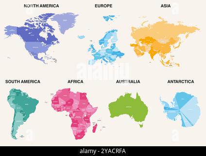 Tous les continents du monde ont détaillé des cartes colorées isolées politiquement. Ensemble de vecteurs Illustration de Vecteur