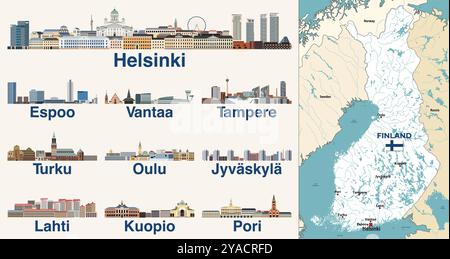 Carte de Finlande avec les principales villes dessus. Finlande grandes villes skylines isolées skylines. Ensemble de vecteurs Illustration de Vecteur