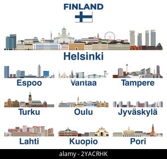 Ensemble de vecteurs skylines des villes principales de Finlande Illustration de Vecteur