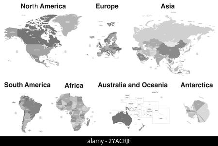 Tous les continents du monde ont détaillé des cartes isolées politiques dans une palette de couleurs en échelle de gris avec des noms de pays, mers, océans. Les continents sont proportionnels Illustration de Vecteur