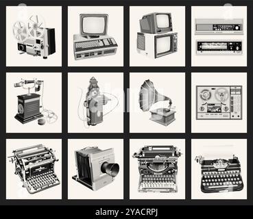 Rétro, vintage, techniques de style ancien. Jeu vectoriel d'icônes d'illustrations monochromes demi-teintes Illustration de Vecteur