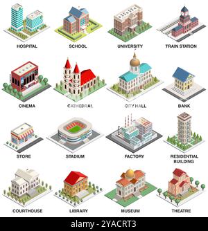 Ensemble de vecteurs de bâtiments publics et municipaux de ville. Illustrations isométriques isolées détaillées. Hôpital, école, université, cinéma, cathédrale, hôtel de ville, Illustration de Vecteur