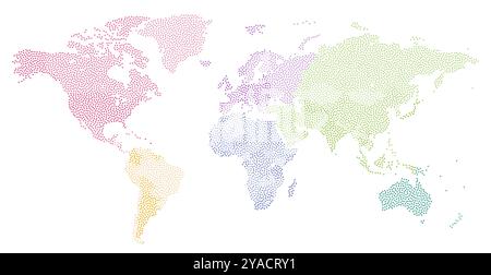 Carte texturée à pointillés du monde colorée par continents. Illustration vectorielle Illustration de Vecteur