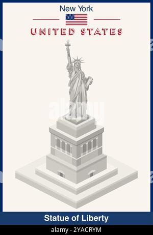 Statue de la liberté illustration isométrique réalisée avec texture pointillée, technique du pointillisme. Affiche vectorielle Illustration de Vecteur