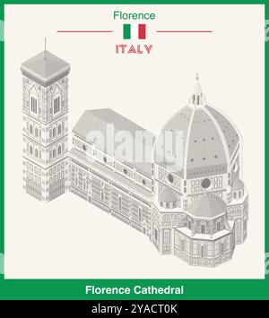 Illustration isométrique de la cathédrale de Florence réalisée avec texture pointillée, technique du pointillisme. Affiche vectorielle Illustration de Vecteur