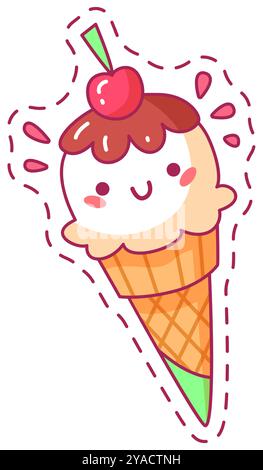 Un joyeux personnage de cône de crème glacée avec un visage souriant se trouve au sommet d'un cône de gaufre. Il se vante d'une boule de crème glacée à la vanille filet de chocolat et d'une cerise Illustration de Vecteur