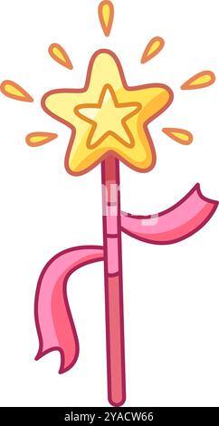 Une baguette magique vibrante avec une pointe en forme d'étoile et un ruban rose fluide. Idéal pour les enfants habiller le jeu créatif et les fêtes à thème célébrant Illustration de Vecteur