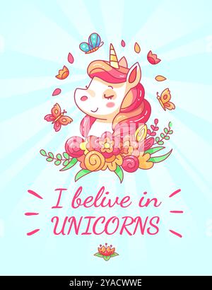 L'œuvre d'art présente une licorne joyeuse entourée de fleurs vibrantes et de papillons véhiculant un sentiment de joie et de croyance en la magie. Le bleu pastel Illustration de Vecteur