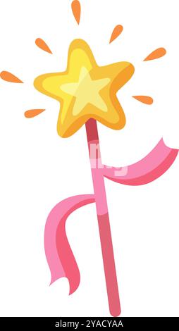 Cette baguette en forme d'étoile vibrante arbore un motif étoile jaune vif et un ruban rose fluide idéal pour jouer imaginatif et des moments magiques Illustration de Vecteur
