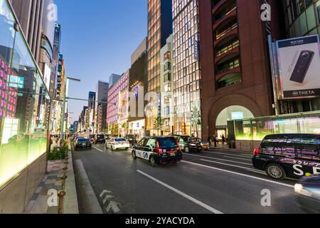 Vue le long de la Ginza dans la soirée. Entrées de station de métro des deux côtés de la rue, la circulation, et divers magasins s'éloignant dans la distance. nuit. Banque D'Images