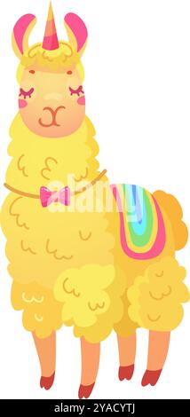 Un lama fantaisiste de style dessin animé présente une corne de licorne et une selle arc-en-ciel vibrante. Le lama est jaune avec un arc charmant mettant en valeur un jeu Illustration de Vecteur