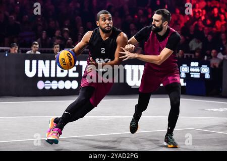 , - 13 OCTOBRE : DiMeo van der Horst - Utrecht, Stefan Kojic - Liman lors du match FIBA 3x3 World Tour Amsterdam 2024 entre Liman et Utrecht au Gasthouder le 13 octobre 2024 à Amsterdam, pays-Bas. (Photo de Edwin J.H. de Vries/Orange Pictures) crédit : Orange pics BV/Alamy Live News Banque D'Images