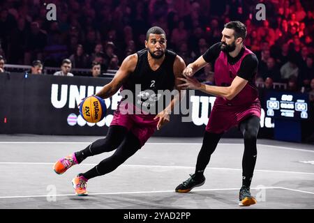 , - 13 OCTOBRE : DiMeo van der Horst - Utrecht, Stefan Kojic - Liman lors du match FIBA 3x3 World Tour Amsterdam 2024 entre Liman et Utrecht au Gasthouder le 13 octobre 2024 à Amsterdam, pays-Bas. (Photo de Edwin J.H. de Vries/Orange Pictures) crédit : Orange pics BV/Alamy Live News Banque D'Images