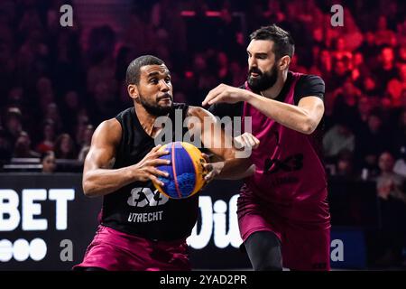 , - 13 OCTOBRE : DiMeo van der Horst - Utrecht, Stefan Kojic - Liman lors du match FIBA 3x3 World Tour Amsterdam 2024 entre Liman et Utrecht au Gasthouder le 13 octobre 2024 à Amsterdam, pays-Bas. (Photo de Edwin J.H. de Vries/Orange Pictures) crédit : Orange pics BV/Alamy Live News Banque D'Images