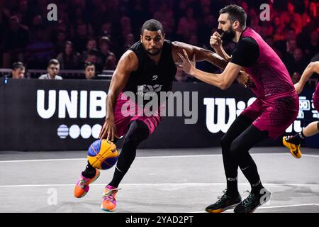 , - 13 OCTOBRE : DiMeo van der Horst - Utrecht, Stefan Kojic - Liman lors du match FIBA 3x3 World Tour Amsterdam 2024 entre Liman et Utrecht au Gasthouder le 13 octobre 2024 à Amsterdam, pays-Bas. (Photo de Edwin J.H. de Vries/Orange Pictures) crédit : Orange pics BV/Alamy Live News Banque D'Images