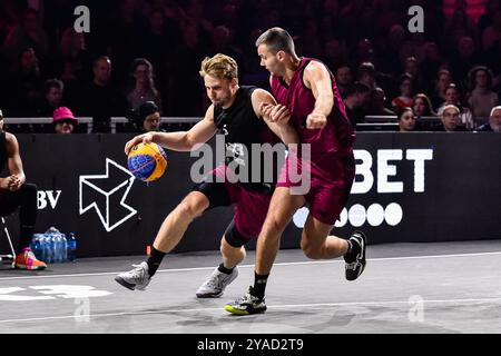 , - 13 OCTOBRE : Norbert Thelissen - Utrecht, Andreja Milutinovic - Liman lors du match FIBA 3x3 World Tour Amsterdam 2024 entre Liman et Utrecht au Gasthouder le 13 octobre 2024 à Amsterdam, pays-Bas. (Photo de Edwin J.H. de Vries/Orange Pictures) crédit : Orange pics BV/Alamy Live News Banque D'Images