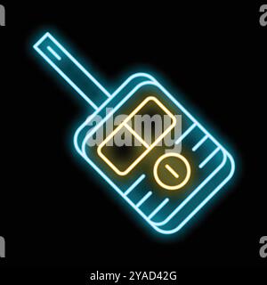 Icône de talkie-walkie à ligne néon bleue et jaune isolée sur fond noir, représentant la communication Illustration de Vecteur