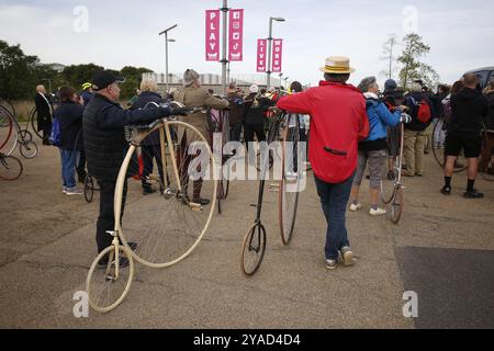 13 octobre 2024, Parc olympique de Londres, Londres Penny Farthing les cyclistes se rassemblent à Londres L'un des plus grands rassemblements de Penny Farthing Bicycles a lieu à Londres. Au Lee Valley Velo Park, les cyclistes se rassemblent pour tenter le record Guinness pour le plus grand nombre de penny farthings debout ensemble, avec les coureurs montés. Le diffuseur Jeremy Vine a participé à son cycle. 141 vélos ont été empilés. Crédit photo : Roland Ravenhill/Alamy Banque D'Images