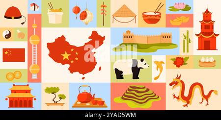 Une illustration artistique qui met en valeur magnifiquement les éléments vibrants et dynamiques de la culture chinoise et de l'illustration vectorielle du patrimoine. Représente l'identité nationale chinoise. Illustration de Vecteur