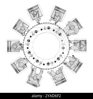 Filaire de personnes assises dans le restaurant sur des chaises à la table ronde de lignes noires isolées sur fond blanc. Intérieur du restaurant. Vue de dessus. V Illustration de Vecteur