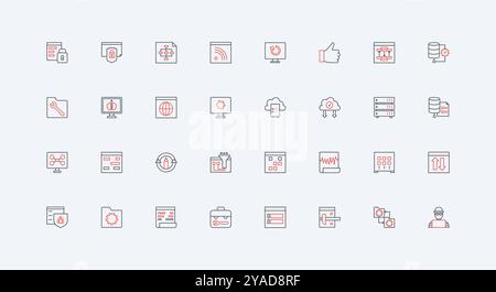 Analyse et échange de données, structure du système et organisation du document dans un jeu d'icônes de ligne de base de données. Cybersécurité, recherche de rapport numérique illustration vectorielle de symboles de contour noir et rouge minces Illustration de Vecteur