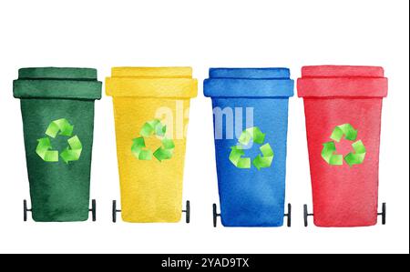 Bacs de tri des déchets avec symbole de recyclage sur fond blanc. Illustration aquarelle de poubelles rouges, bleues, jaunes, vertes pour la conception, articles Banque D'Images