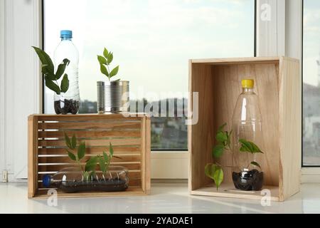 Concept de recyclage. Boîte en métal, bouteilles en plastique et caisses en bois avec des plantes sur le rebord de la fenêtre Banque D'Images