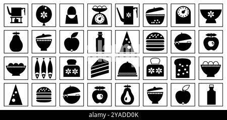 Icônes de nourriture avec outil de cuisine et thème de nourriture dans un style minimaliste géométrique. Illustration pour la conception de couverture, emballage alimentaire, menu, fond, mur de café, Illustration de Vecteur