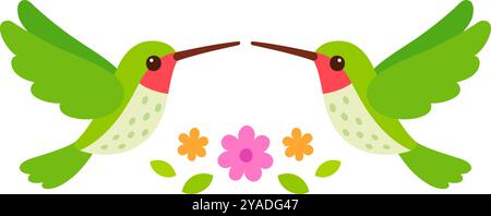 Mignon colibris de bande dessinée et élément de conception de fleurs. Deux oiseaux colibri verts et fleurs simples. Illustration clip art vectorielle isolée. Illustration de Vecteur