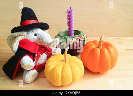 Poupée éléphant mignonne en costume de sorcier avec une paire de citrouilles et une décoration saisonnière Banque D'Images